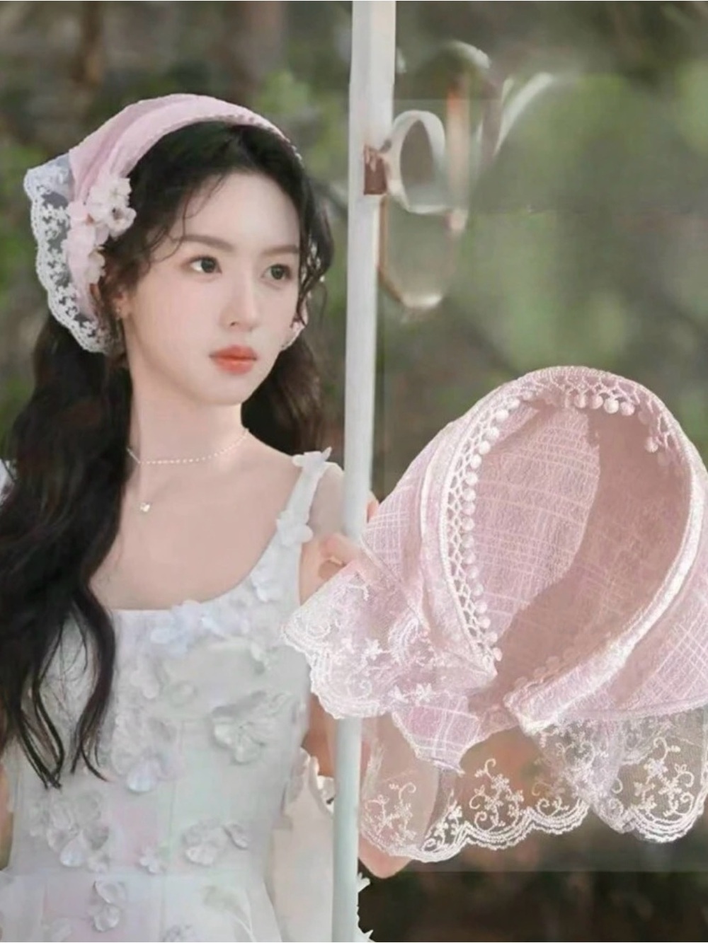 Lace Trim Pink Headscarf - Women's Fashion Accessory